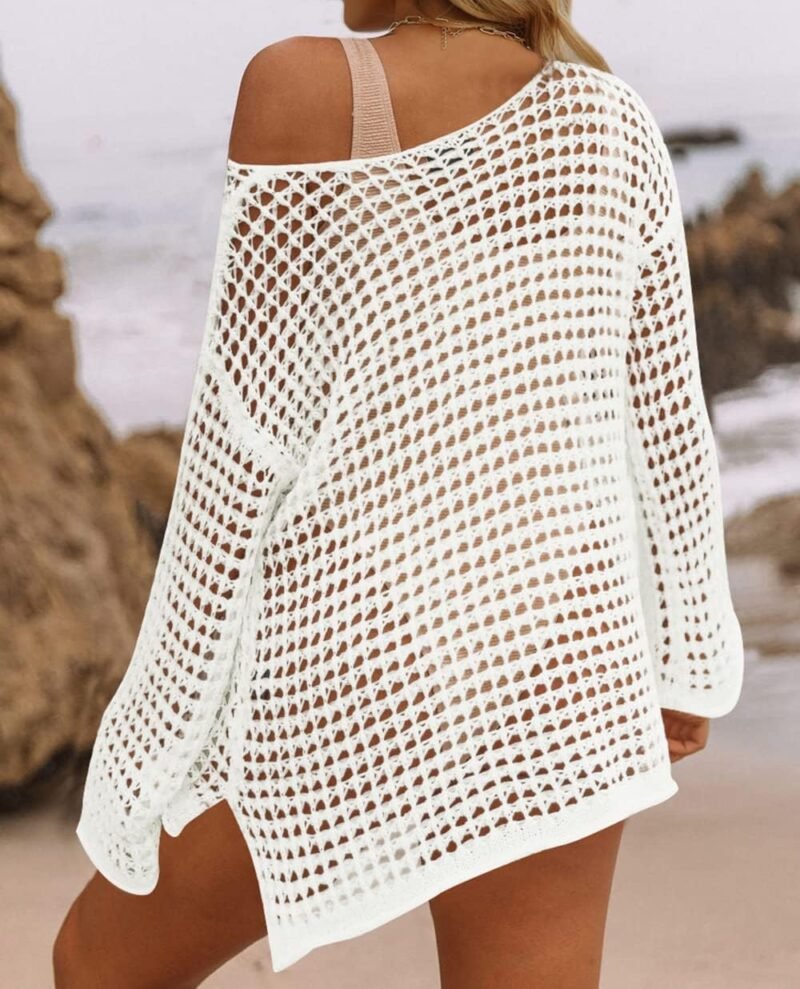 ZESICA Women's 2025 Summer Crochet Hollow Out Long Sleeve Beach Bikini Swimsuit Mesh Cover Up Tunic Top - Image 3