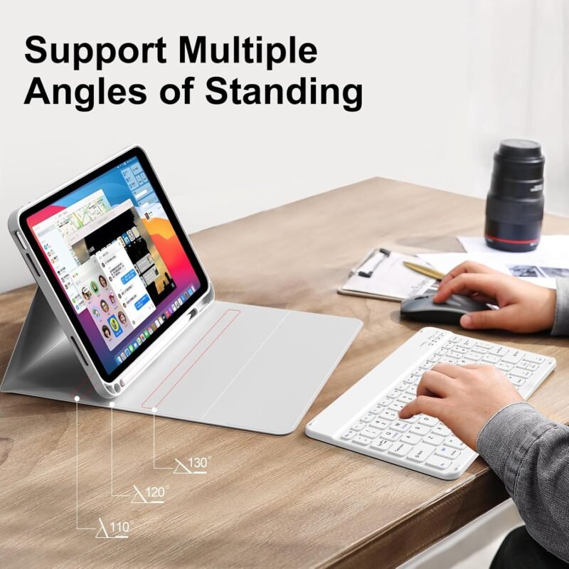 kenke for iPad 11/10th Gen Case with Keyboard 11/10.9 inch 2025 A16/2022, Detachable Wireless Bluetooth Keyboard Case Thin & Light with Built-in Left Side Pencil Holder, White Square Keycaps (Gray) - Image 7