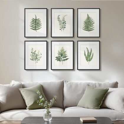 Framed Green Nature Botanical Wall Art, Set of 6 Minimalist Plant Leaf Painting Prints Artwork, Natural Fern Leaves Picture for Modern Farmhouse Living Room Bedroom Bathroom Kitchen Home Decor, 11x14