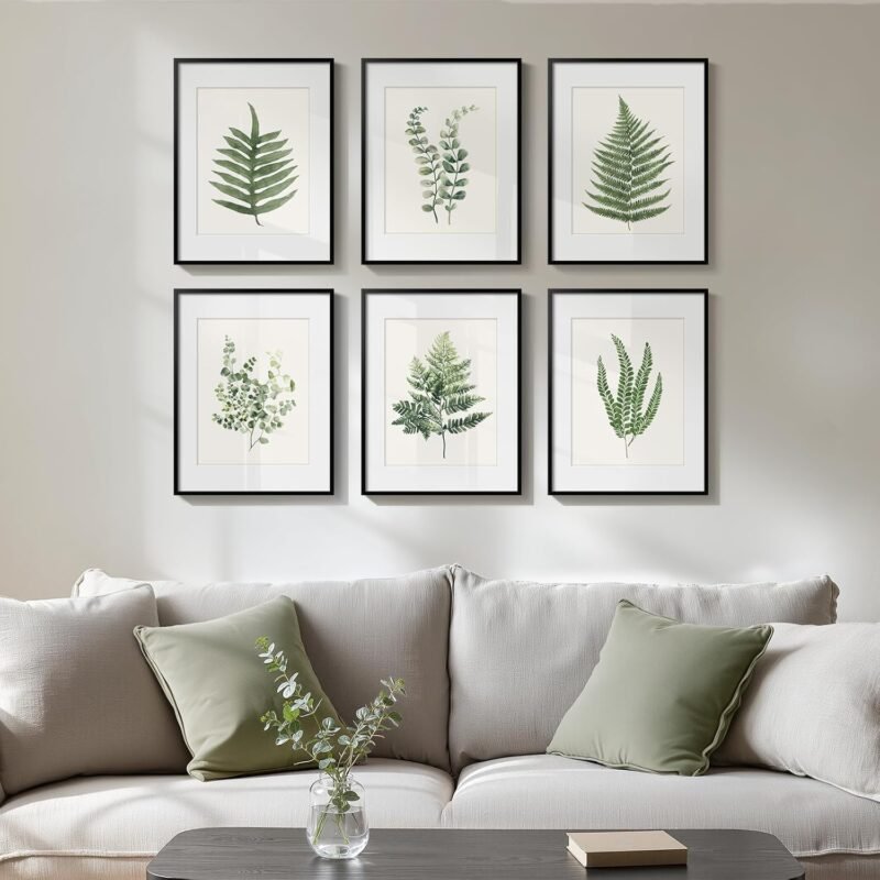 Framed Green Nature Botanical Wall Art, Set of 6 Minimalist Plant Leaf Painting Prints Artwork, Natural Fern Leaves Picture for Modern Farmhouse Living Room Bedroom Bathroom Kitchen Home Decor, 11x14