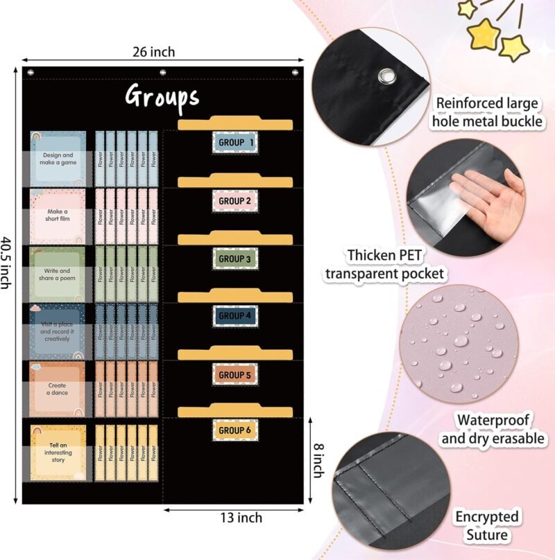 Pasimy Small Group Management Pocket Chart with 96 Cards Boho Classroom Jobs Chart Small Group Organizer and on Task for Elementary Middle High School Classroom Teacher Must Haves Supplies - Image 3