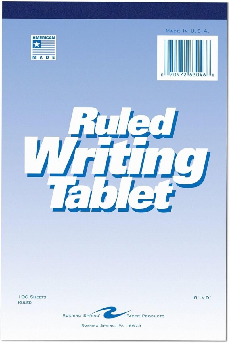 Roaring Spring 6"x9" Writing Tablet, 100 Sheets 15# White Paper, Wide Ruled, Heavy Back Board, Top Edge Bound