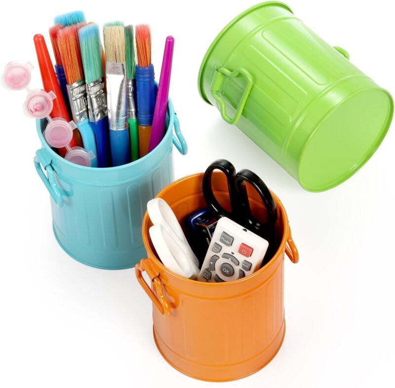 9 Pack Metal Pen Holder, Mini Pencil Bucket with Handle, Desktop Pencil Cup Makeup Brush Organizer, Desk Colorful Small Pails, Stationary Supplies Container for Office Classroom School Crafts - Image 4