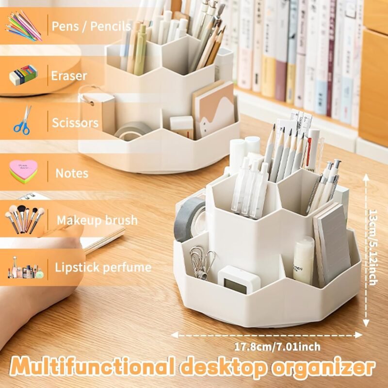 Pencil Pen Holder for Desk,9 Slots 360 Degree Rotating Desk Organizers,Desktop Storage Stationery Supplies Organizer, Cute Pencil Cup Pot For Office, School, Home(White) - Image 3