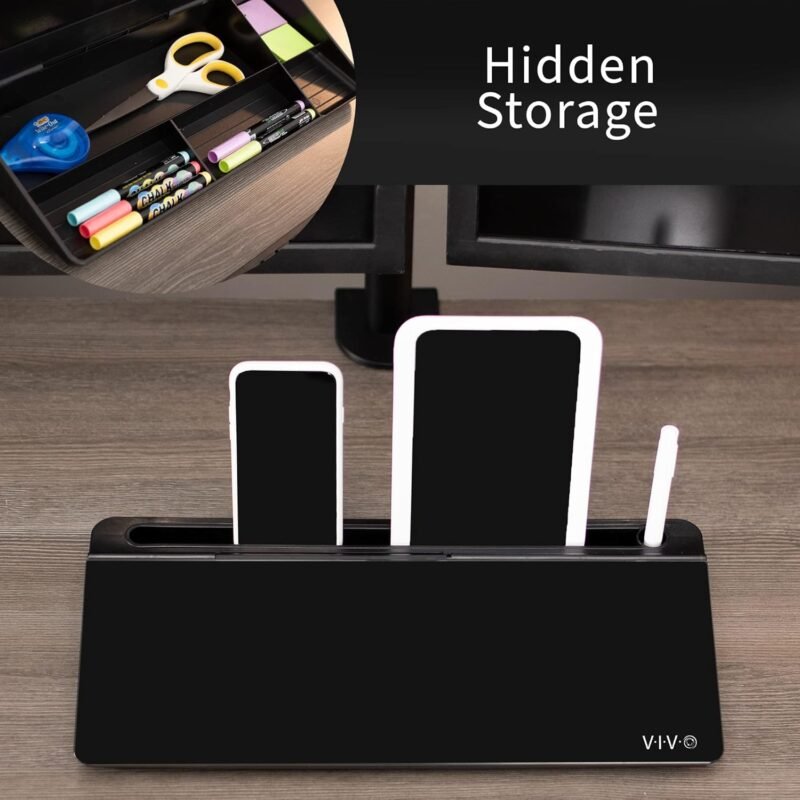 Vivo Glass 16 x 7 inch Dry Erase Board with Storage, Desktop Whiteboard Organizer with Hidden Compartments and Device Slot, Black, DESK-WB16B - Image 5