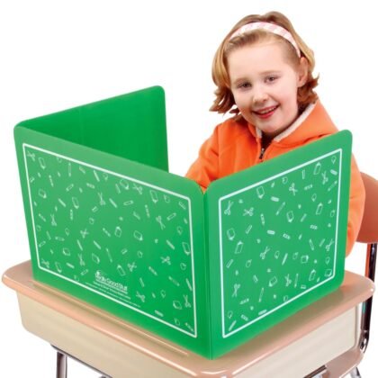Really Good Stuff Plastic Privacy Shields for Student Desks – Set of 6 - Standard - Study Carrel Reduces Distractions - Keep Eyes from Wandering During Tests, Green with School Supplies Pattern