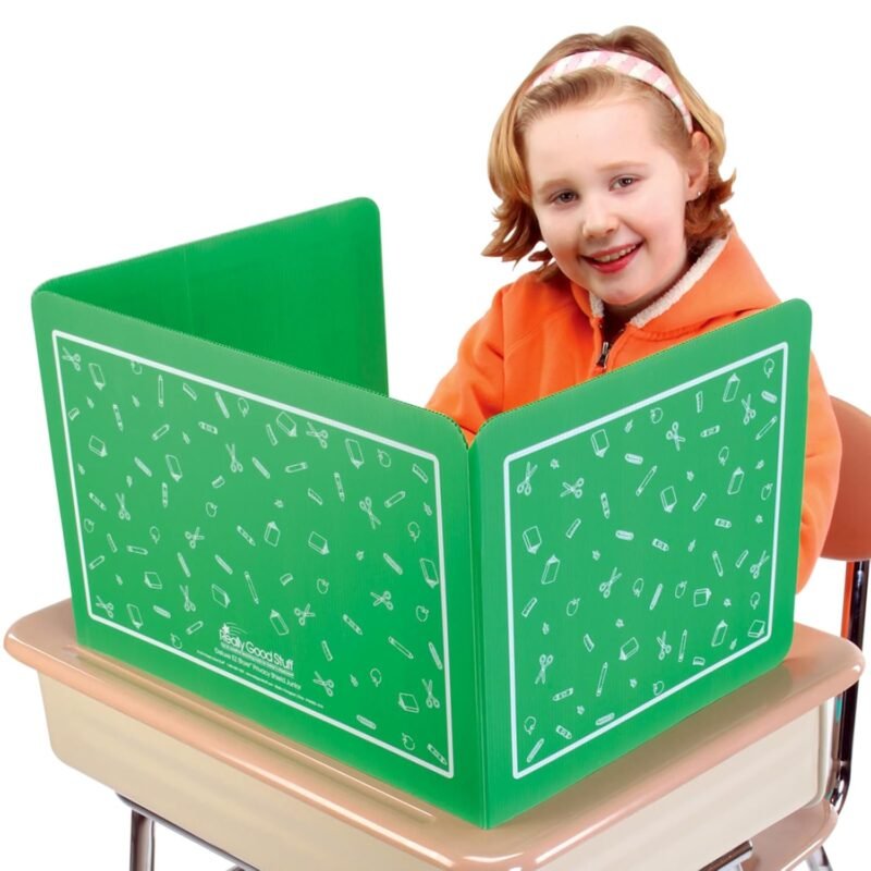 Really Good Stuff Plastic Privacy Shields for Student Desks – Set of 6 - Standard - Study Carrel Reduces Distractions - Keep Eyes from Wandering During Tests, Green with School Supplies Pattern