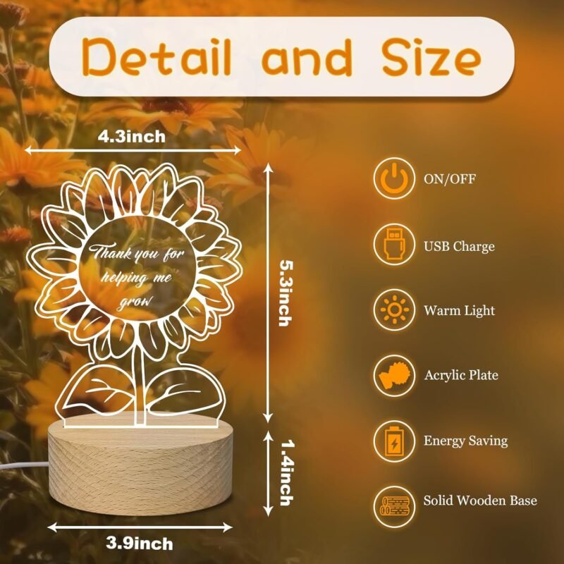 Teacher Appreciation Gifts Night Light - Thank You Graduation Gifts for Teacher Women Men Mentor Tutor Back to School Retirement Gift for Teachers Day Sunflower Acrylic Light - Image 6