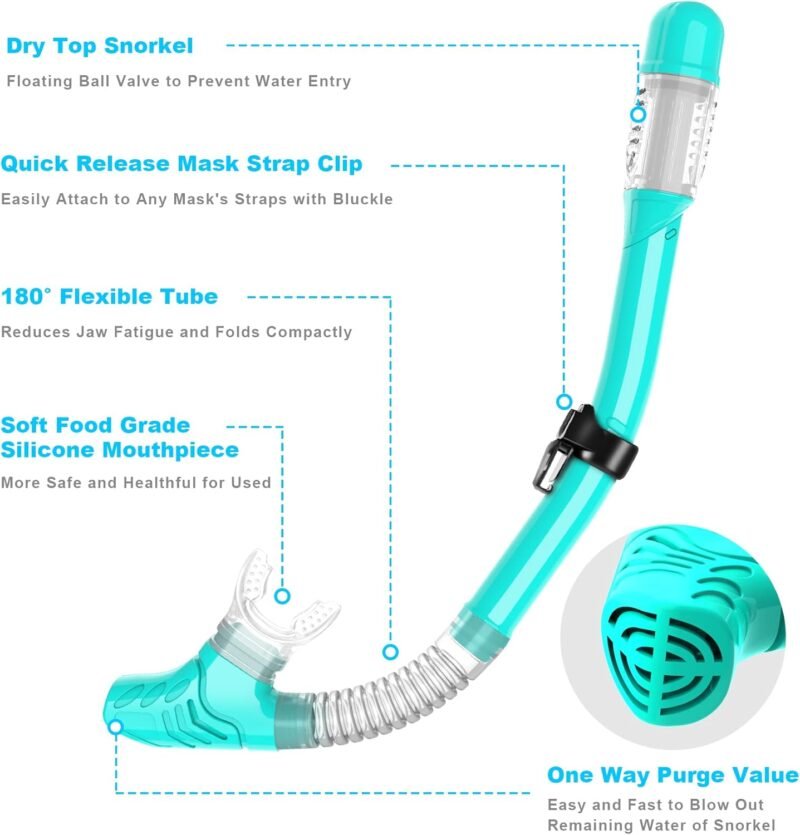 Snorkeling Gear for Adults, Dry Top Snorkel Set with Panoramic Anti-Leak and Anti-Fog Tempered Glass Lens, Adjustable Snorkeling Set for Scuba Diving Swimming Training Snorkel Kit - Image 4