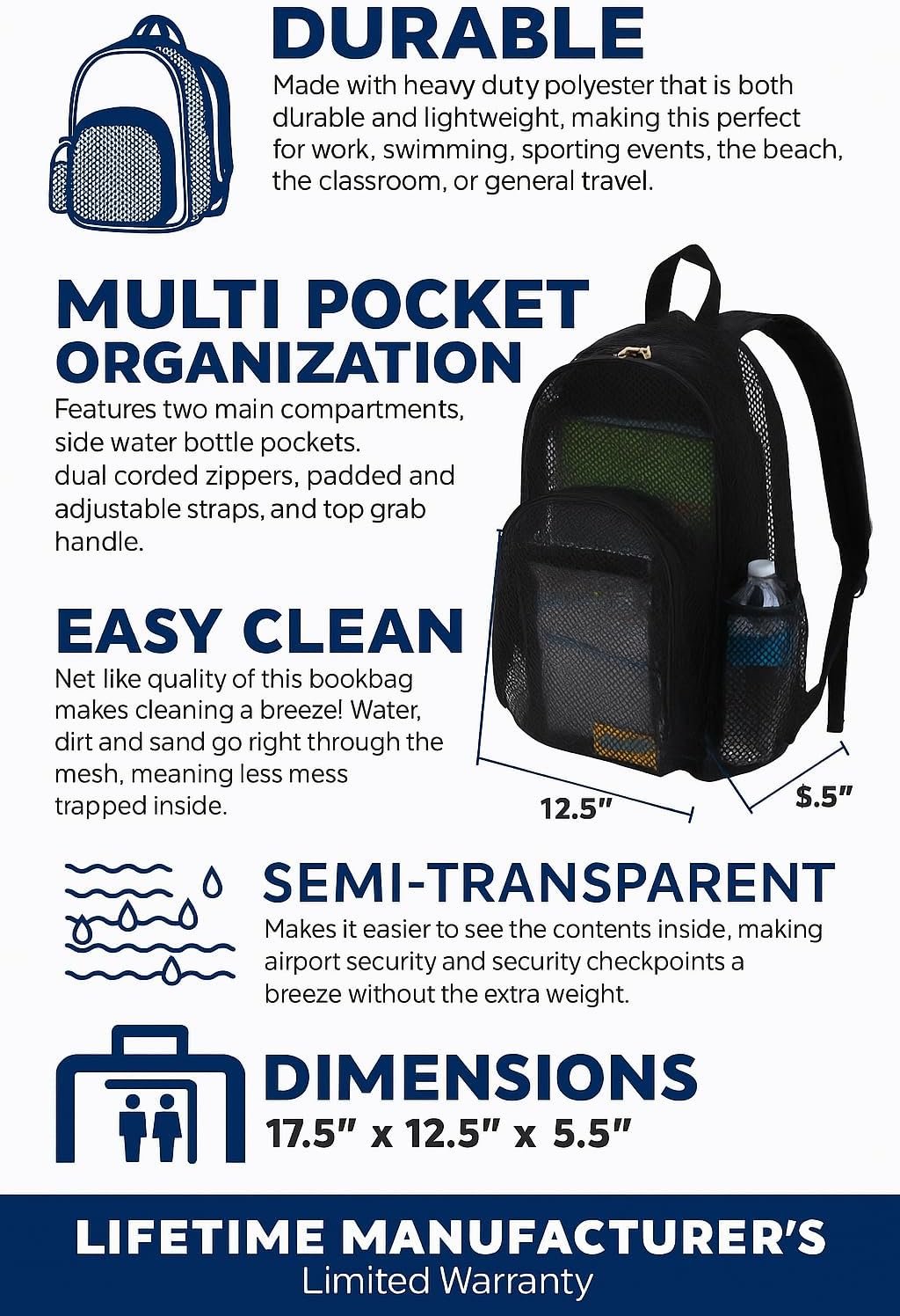 Eastsport Mesh Beach Backpack Lightweight See Through for Travel, College, Swim, Gym Bag, Black - Image 2