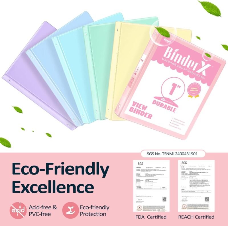 6 Pack Extra Durable 3 Ring Binders 1 inch, Sooez 1” Three Round Ring Binders with Pockets, Cute Customizable Clear View Cover for 8.5 x 11'' Letter Size Papers, Pastel School Office Supplies for Girl - Image 2