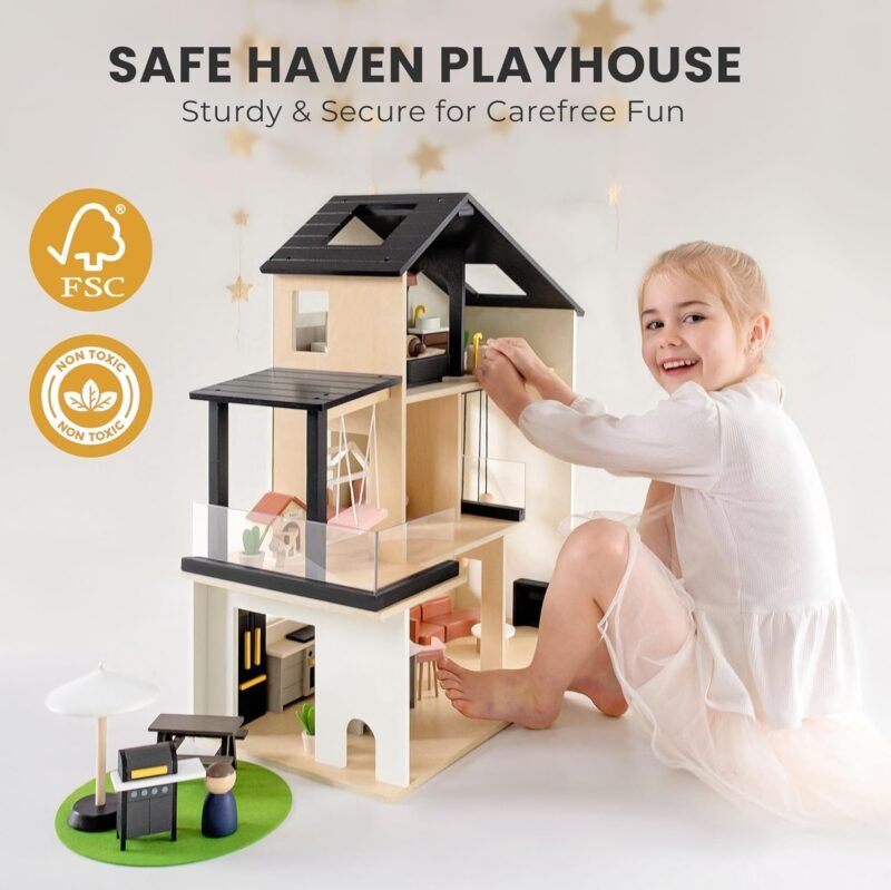 Tiny Land Doll House, Modern Family Dollhouse with Realistic Design, Wooden Dollhouse with 53Pcs Furniture - Ideal Gift for Kids Ages 3+ - Image 7