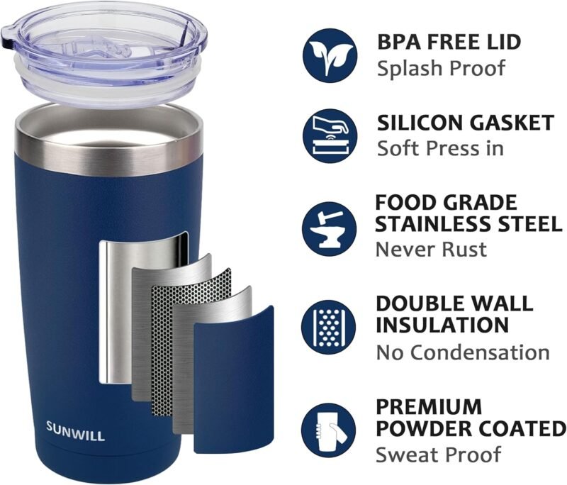 SUNWILL Travel Coffee Tumbler 20 oz, Insulated Mug with Lid, Stainless Steel Cup for Outdoor, Powder Coated Navy - Image 2