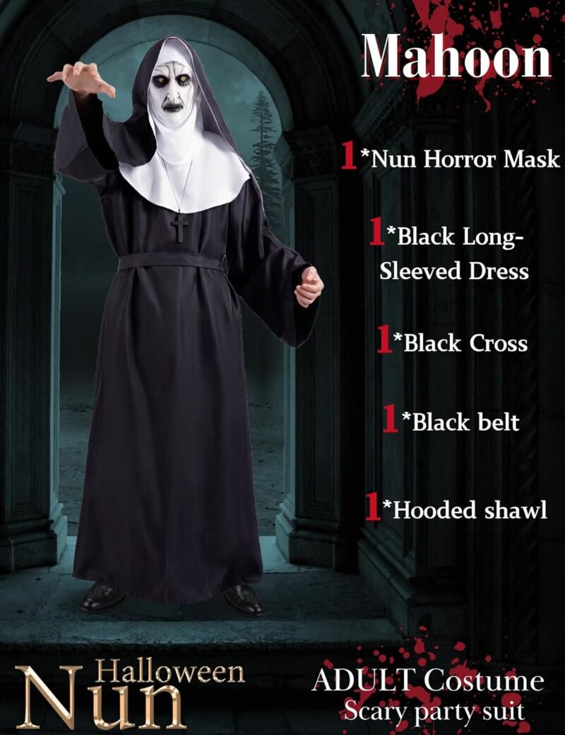 Mahoon Halloween Nun Costume – Deluxe Scary Nun Outfit with Mask for Women Men, Plus Size Unisex Adult Party Suit - Image 2