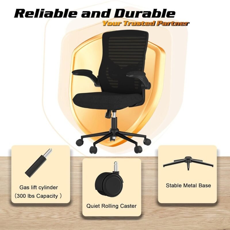 Ergonomic Office Chair for Long Hours & Lower Back Pain Relief – Memory Foam Seat Cushion, Adjustable Padded Lumbar Support, and Padded Flip-up Armrests, Ideal for Office or Study, Black - Image 3