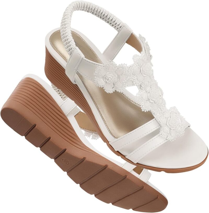 SHIBEVER Womens Sandals Wedge Flower: Open Toe Elastic Ankle Strap Wedge Sandal - Dressy Sandals Women - Comfortable Summer Bohemia - Image 5