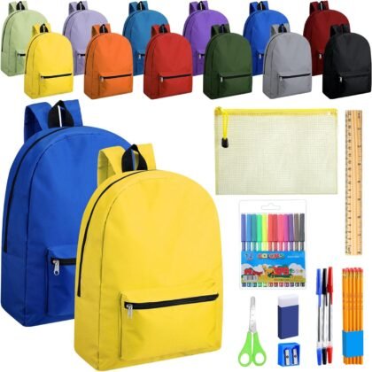 Silkfly 12 Pcs 17" Backpacks with 144 Pcs School Supplies Kits Includes Markers Scissors Rulers Sharpeners Ballpoint Pens Erasers Pencil Cases Pencils for Elementary Middle High School