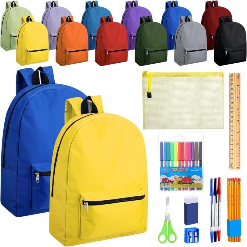 Silkfly 12 Pcs 17" Backpacks with 144 Pcs School Supplies Kits Includes Markers Scissors Rulers Sharpeners Ballpoint Pens Erasers Pencil Cases Pencils for Elementary Middle High School