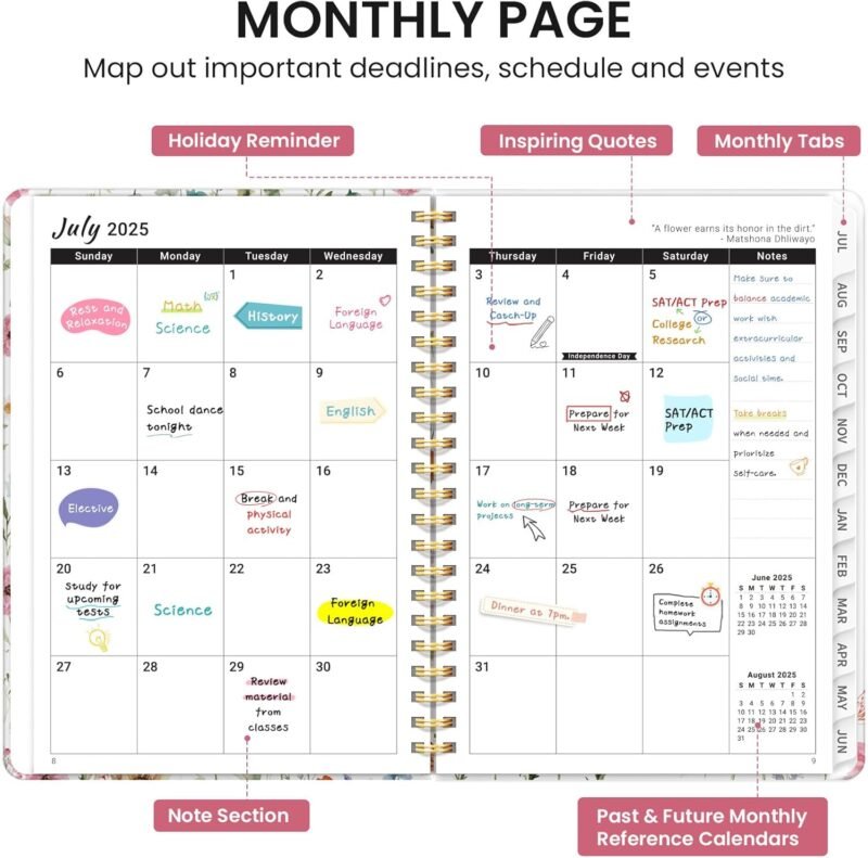 Planner 2025-2026, Academic Year Monthly and Weekly Calendar Planner, Jul 2025 - Jun 2026, Hardcover Teacher Student Planning Agenda book with Tabs, Perfect for School Office Supplies , 6.3" x 8.5" - Wildflower - Image 2