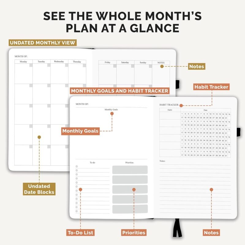 Decorably 12 Months Gold Foiled Undated Monthly and Weekly Academic Planner College with Stickers, 6x8.6in Waterproof Leatherette Hardcover Academic Planner for College Students, High School, Home - Image 3