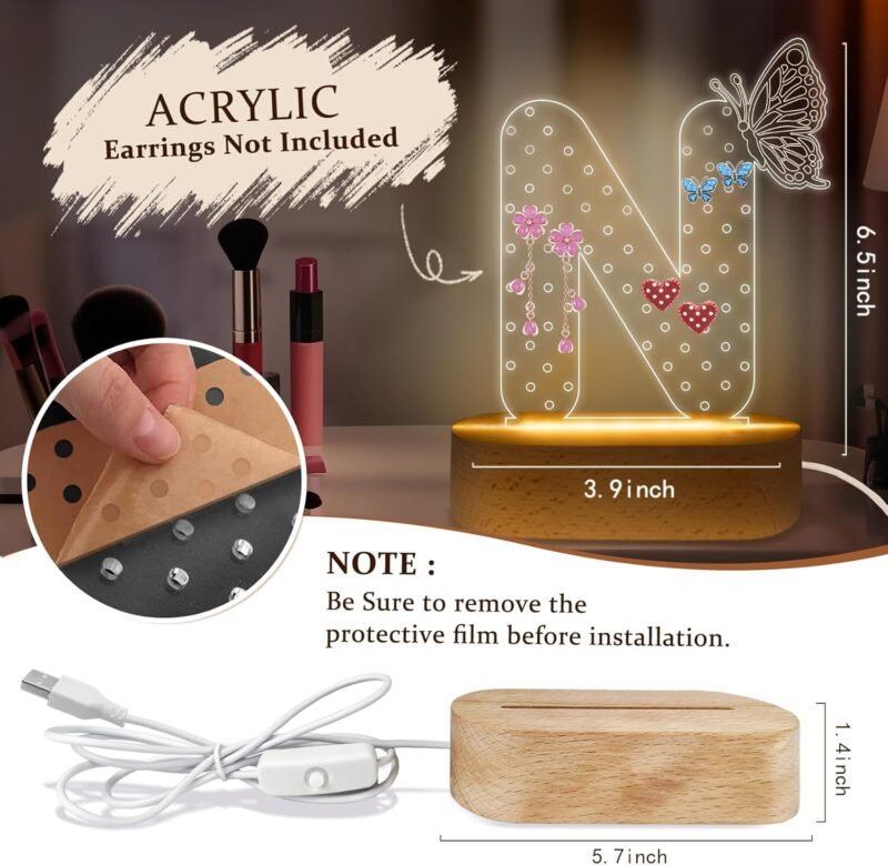 COSHAYSOO Initial Acrylic Earring Holder Organizer for Women Teen Girls with Butterfly Decoration LED Night Light Gifts Personalized Nursery Decor Teacher Nurse Appreciation Jewelry Stand Letter N - Image 2