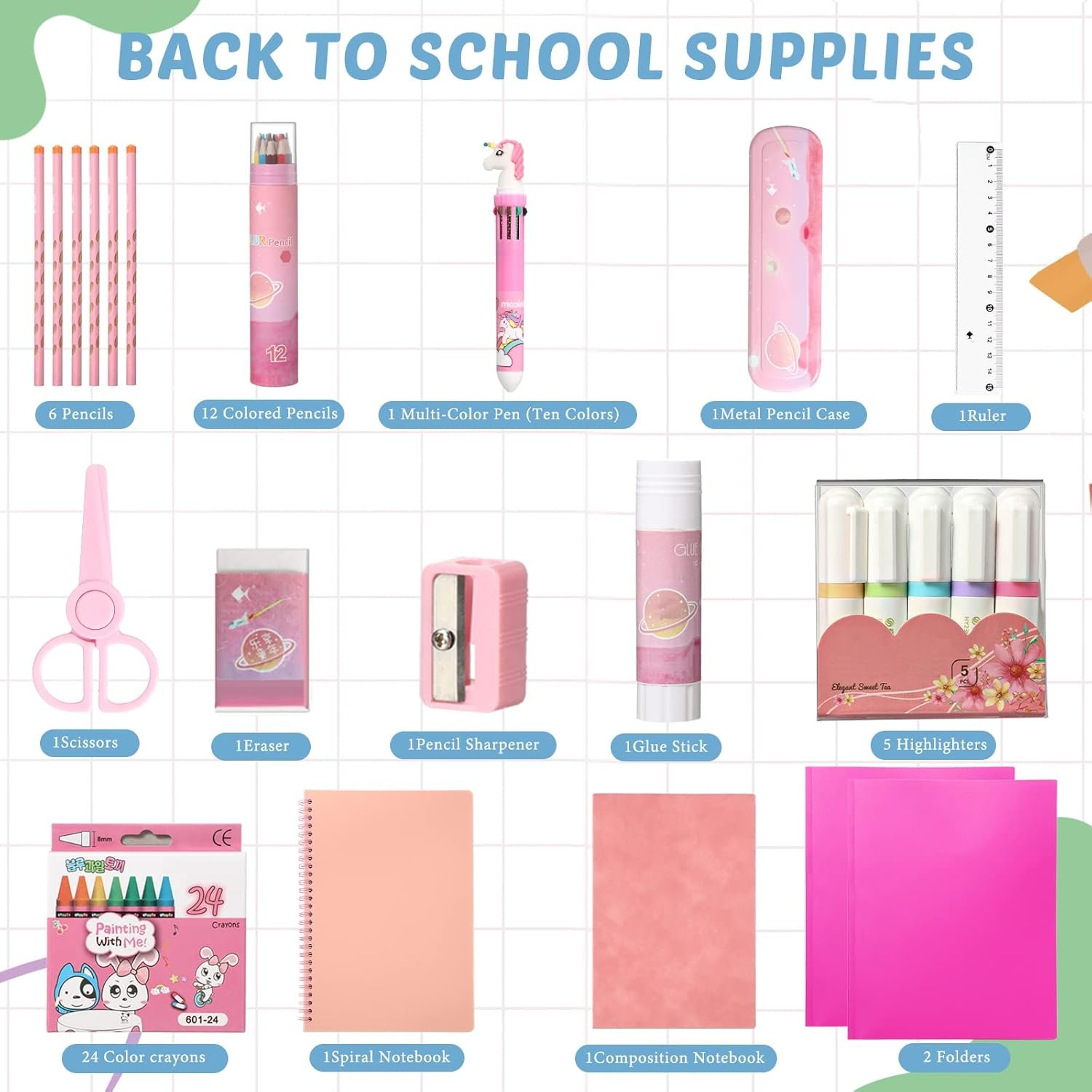 Sabary 58 Pcs Back to School Supply Bundle Kit for Girls Grades K-12, Essentials Box of Supplies Bundle, School Classroom Essentials Include Folders Notebook Pencil Pen Ruler Scissor and More(Pink) - Image 3