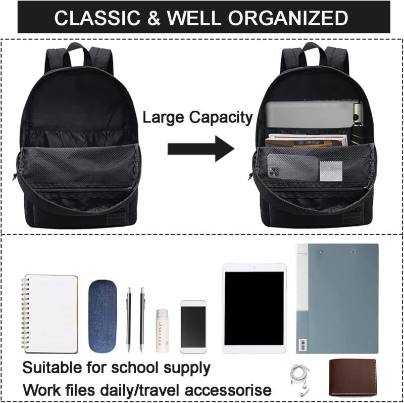 SUPACOOL Casual Laptop Backpack for Men and Women, School Backpack for Boys and Girls, College Bookbag, USB Charging Port, Lightweight Back Pack(Black) - Image 3