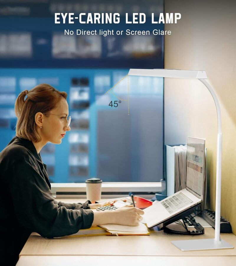 LED Desk Lamp for Home Office with Base, Eye-Caring Architect Task Light with Adjustable Gooseneck 12W USB Adapter Touch Control 5 Dimmable Brightness & Color Tall Lamp for Work,Reading,Craft - Image 3