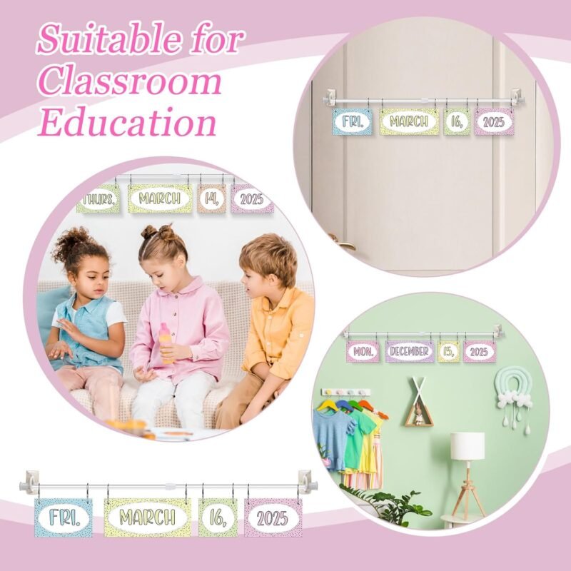 TecUnite Pastel Calendar Bulletin Board Set Girl Style Classroom Bulletin Board Decor 54 Date Cards Colorful Pastel Flip Calendar with Adjustable Holder for Back to School Supplies, Years 2025-2028 - Image 5