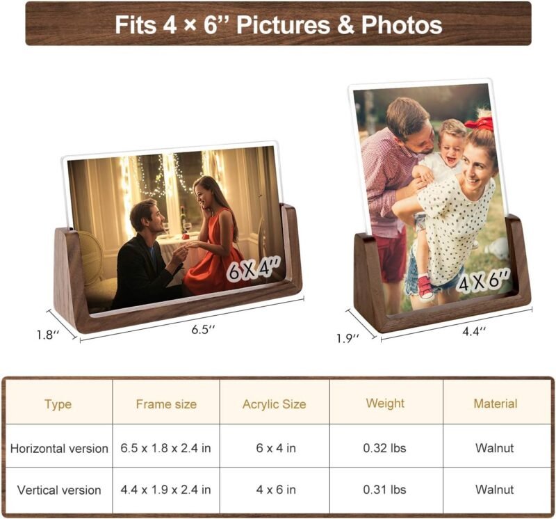 Mixoo 4x6 Wood Photo Picture Frame 2 Pack - Rustic Wooden Picture Frame with Walnut Wood Base and High Definition Break Free Acrylic Covers for Tabletop or Desktop Display (Horizontal + Vertical) - Image 4