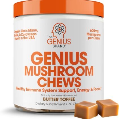 Genius Mushroom Soft Chews – Lion’s Mane, Reishi & Cordyceps for Focus, Immunity & Natural Energy – Organic Supplement for Cognitive Clarity, Stress Support & ATP Boost – Butter Toffee – 60 Chews