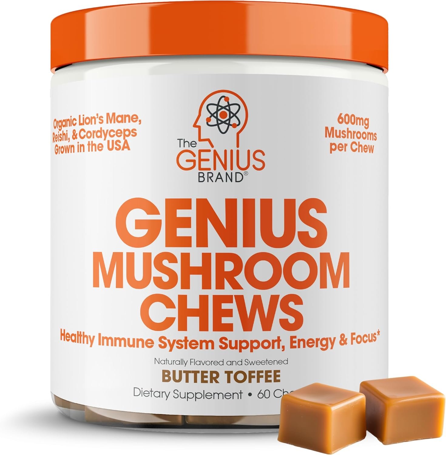 Genius Mushroom Soft Chews – Lion’s Mane, Reishi & Cordyceps for Focus, Immunity & Natural Energy – Organic Supplement for Cognitive Clarity, Stress Support & ATP Boost – Butter Toffee – 60 Chews