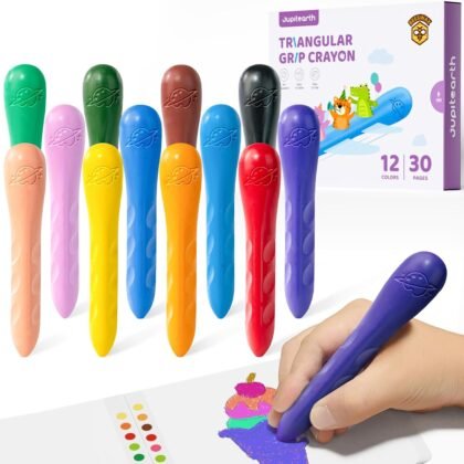12 Colors Crayons for Kids Ages 4-8 with Coloring Book & Bonus Stickers, Non-Toxic & Washable Triangle Crayons for Toddlers 1-3, Fat Brain Toys for Art Supplies and Ideal Gifts for Kids