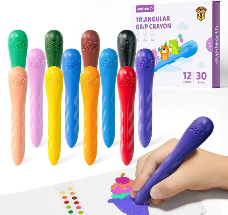 12 Colors Crayons for Kids Ages 4-8 with Coloring Book & Bonus Stickers, Non-Toxic & Washable Triangle Crayons for Toddlers 1-3, Fat Brain Toys for Art Supplies and Ideal Gifts for Kids