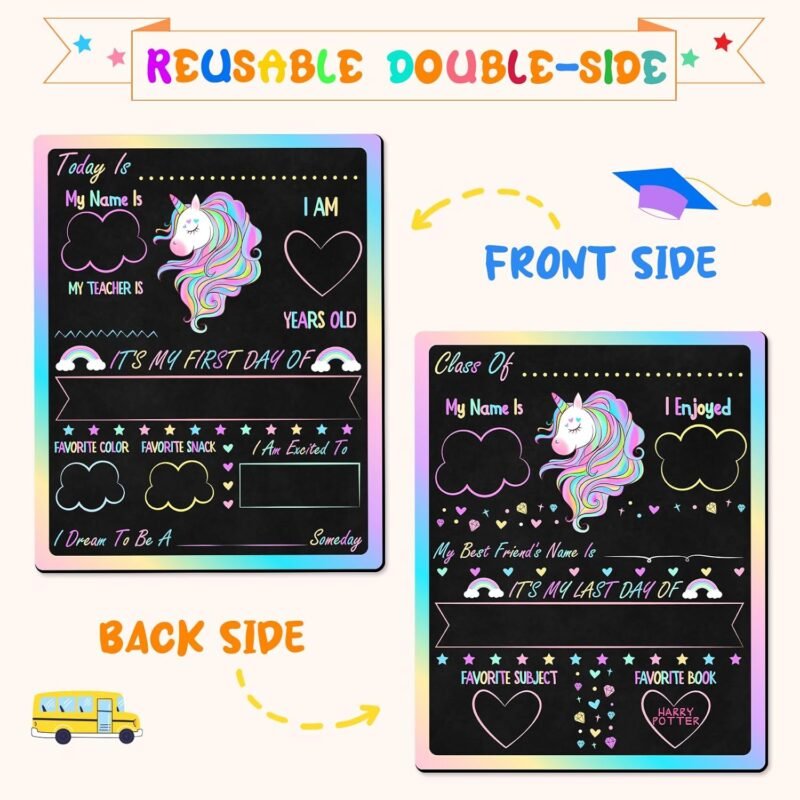 Double Sided First & Last Day of School Chalkboard Sign, 10" x 12" Reusable School Board, Colorful Photo Prop, Teacher Gift, Preschool to 12th Grade(Unicorn) - Image 2