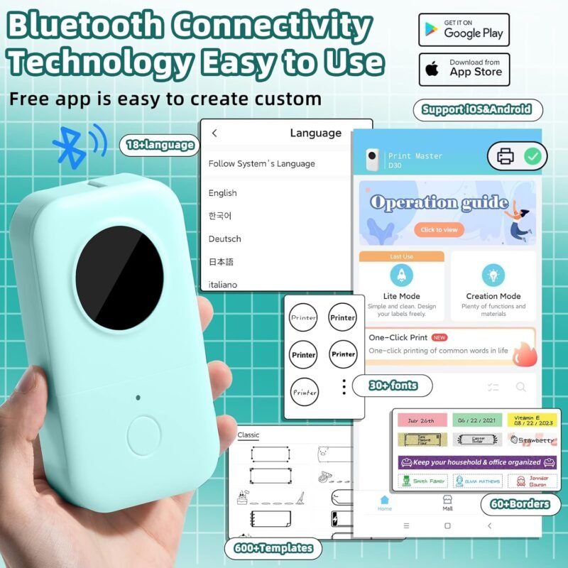 Phomemo D30 Mini Label Maker - Inkless Thermal Portable Bluetooth Label Printer with Tape with 1000+ Templates, Organized Zones for Home, Office, School, Store, Pantry, Green - Image 5