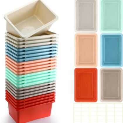 Thyle 24 Pieces 11.6 x 7.7 Inch 6 Colors Plastic Cubby Bins with Labels Classroom Stacking Bins Storage Container Organizer Storage Cubbies for Classroom Office (Retro Color)