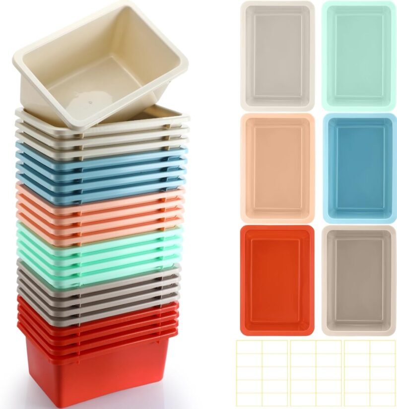 Thyle 24 Pieces 11.6 x 7.7 Inch 6 Colors Plastic Cubby Bins with Labels Classroom Stacking Bins Storage Container Organizer Storage Cubbies for Classroom Office (Retro Color)