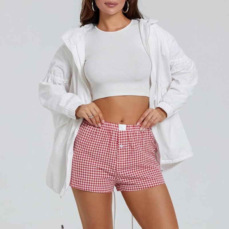 Womens Boxer Shorts Gingham Y2k Pajama Cute Plaid Striped Print Lounge Sleep Shorts - Image 2