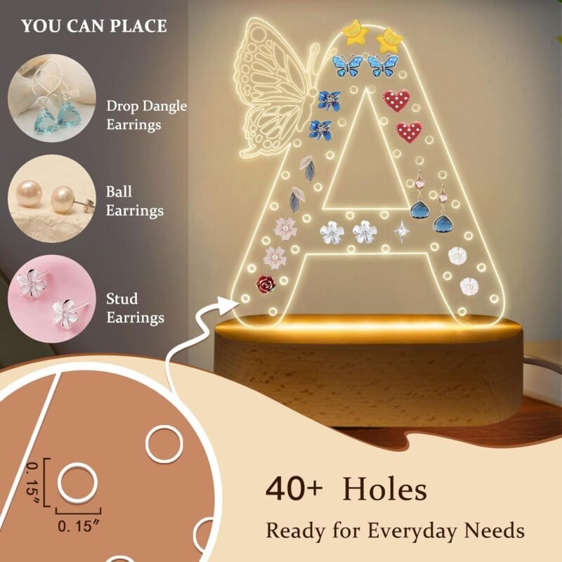 COSHAYSOO Initial Acrylic Earring Holder Organizer for Women Teen Girls with Butterfly Decoration LED Night Light Gifts Personalized Nursery Decor Teacher Nurse Appreciation Jewelry Stand Letter N - Image 4