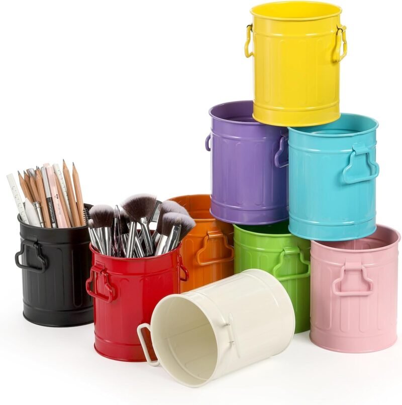 9 Pack Metal Pen Holder, Mini Pencil Bucket with Handle, Desktop Pencil Cup Makeup Brush Organizer, Desk Colorful Small Pails, Stationary Supplies Container for Office Classroom School Crafts - Image 3