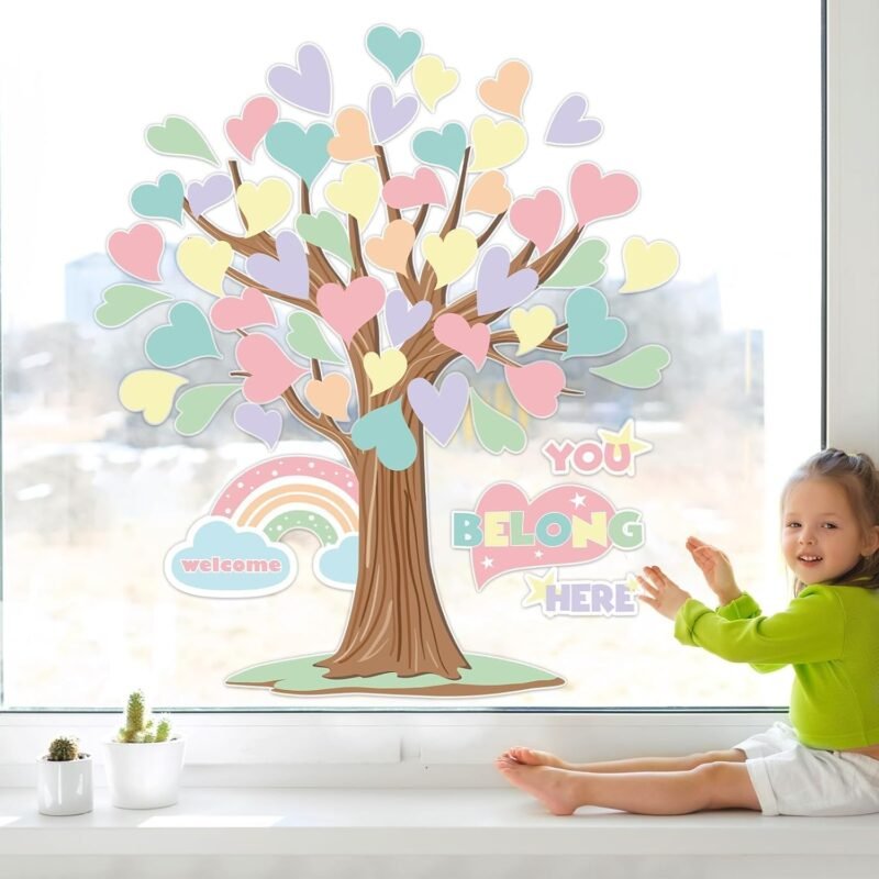 Pastel Tree Bulletin Board Classroom Decoration Welcome Back to School Bulletin Board Sets You Belong Here Heart Rainbow Cutouts for Summer Teacher School Nursery Home Classroom Chalkboard Wall Decor - Image 5
