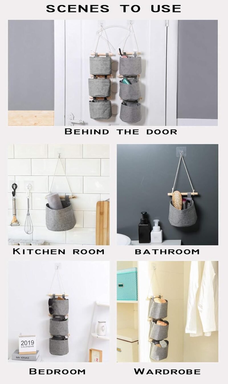 AARAINBOW 1 Pack Mini Cotton Linen Fabric Closet Detachable Foldable Washable Hanging Storage Bag with 3 Pockets Over The Wall Door Small Organizer for Room Bathroom (Gray) - Image 4