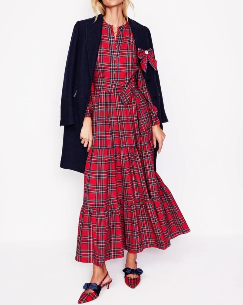 Women's Plaid Maxi Dress Button Up Tiered Ruffle Flowy Check Dresses Chirstmas Tartan Long Dress with Tie Belt - Image 5