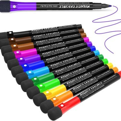 Magnetic Dry Erase Markers Fine Point Tip, 12 Colors White Board Markers Dry Erase Marker with Eraser Cap, Low Odor Whiteboard Markers Thin Marking for Kids Teachers Office School Supplies