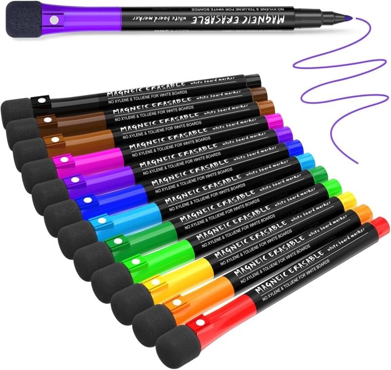 Magnetic Dry Erase Markers Fine Point Tip, 12 Colors White Board Markers Dry Erase Marker with Eraser Cap, Low Odor Whiteboard Markers Thin Marking for Kids Teachers Office School Supplies