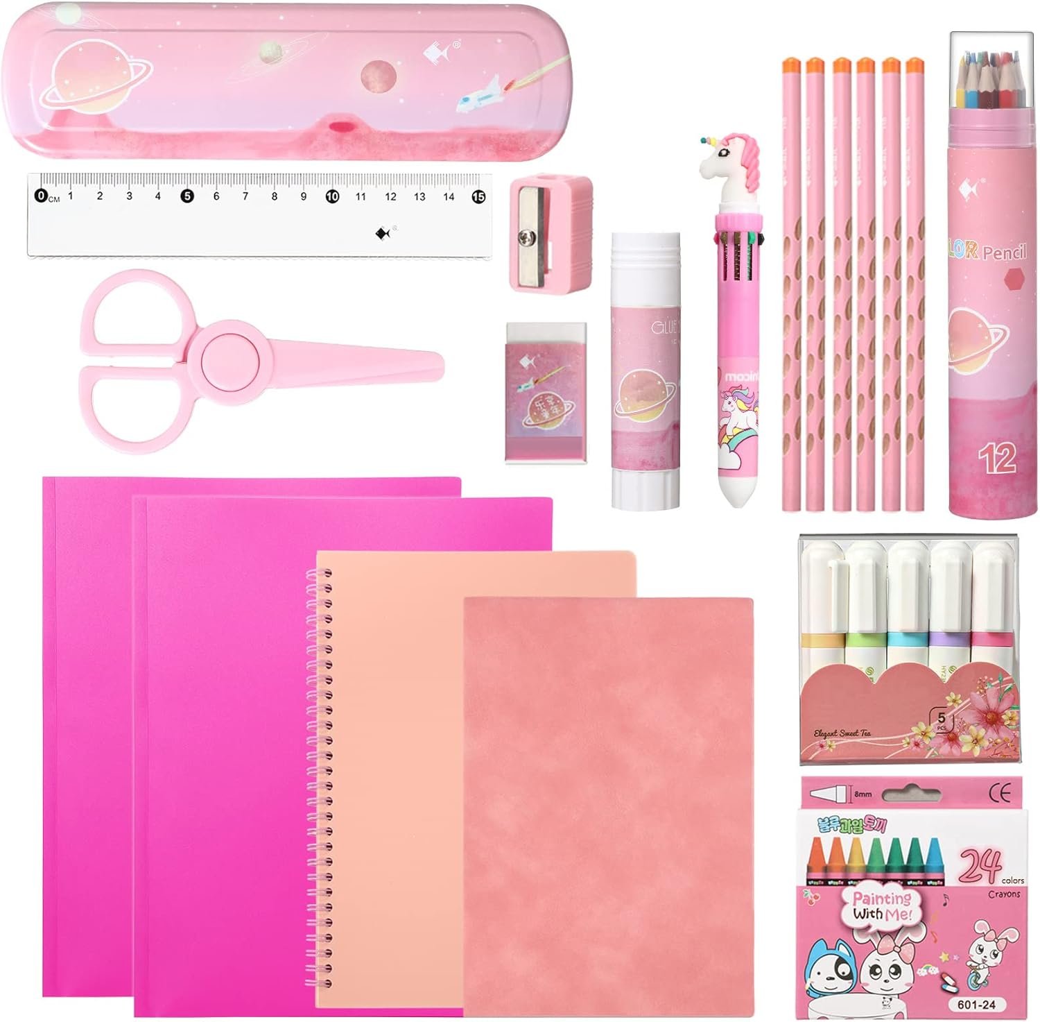 Sabary 58 Pcs Back to School Supply Bundle Kit for Girls Grades K-12, Essentials Box of Supplies Bundle, School Classroom Essentials Include Folders Notebook Pencil Pen Ruler Scissor and More(Pink)