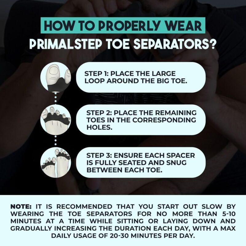 VYCE PrimalStep Toe Separators - Doctor Recommended - Correct Foot and Bunion Pain, Plantar Fasciitis - Toe Straightener to Improve Functional Athletic Mobility - Stretches to Fit (S/M) - Image 7