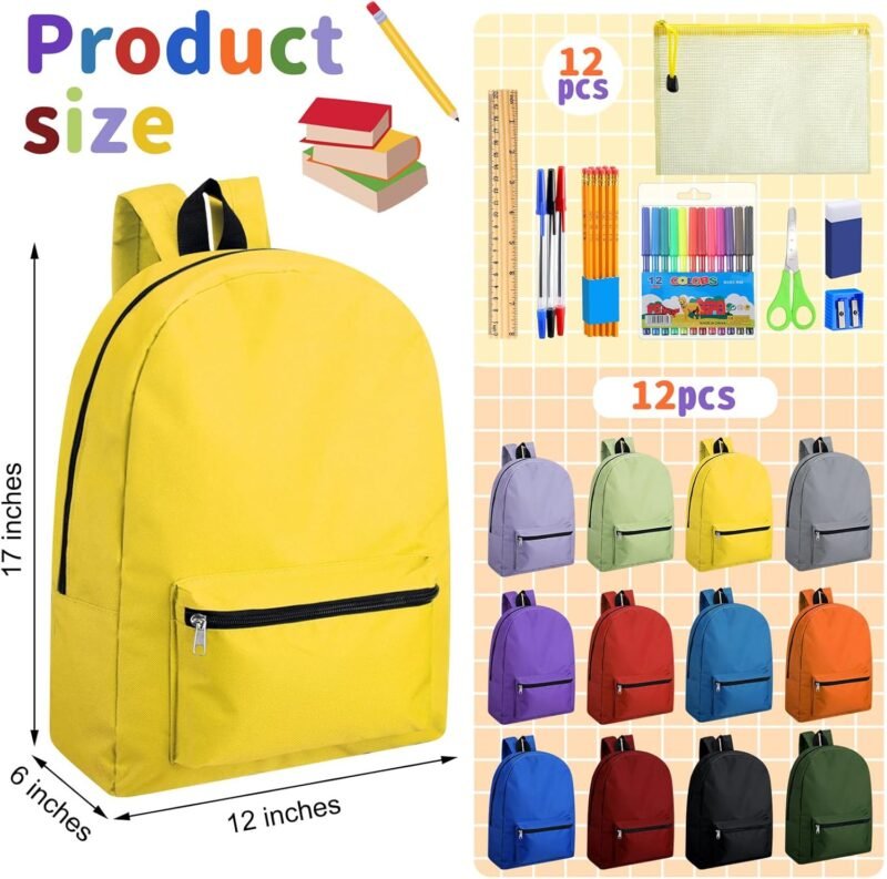 Silkfly 12 Pcs 17" Backpacks with 144 Pcs School Supplies Kits Includes Markers Scissors Rulers Sharpeners Ballpoint Pens Erasers Pencil Cases Pencils for Elementary Middle High School - Image 2