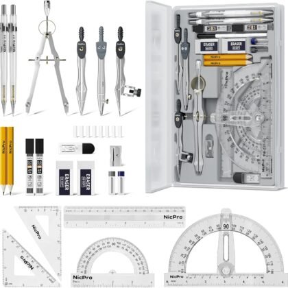 Nicpro 22 PCS Compass Geometry Tools with Case, Drafting Tools Geometry Set with Swing Arm Protractor, Rulers, Metal Compass, Divider, Square Set, Pencil, Drawing Supplies for Kids Student School Math